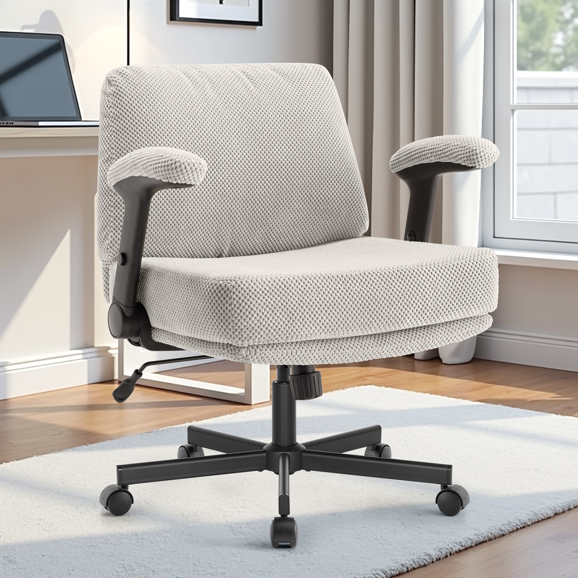 Criss Cross Chair With Wheels And Flip Arms- Comfy Fabric Cross Legged Office Chair With Thick Cushion&Wide Seat, Adjustable Swivel Desk Chair For Home Office, Apartment, Bedroom_voghion.com
